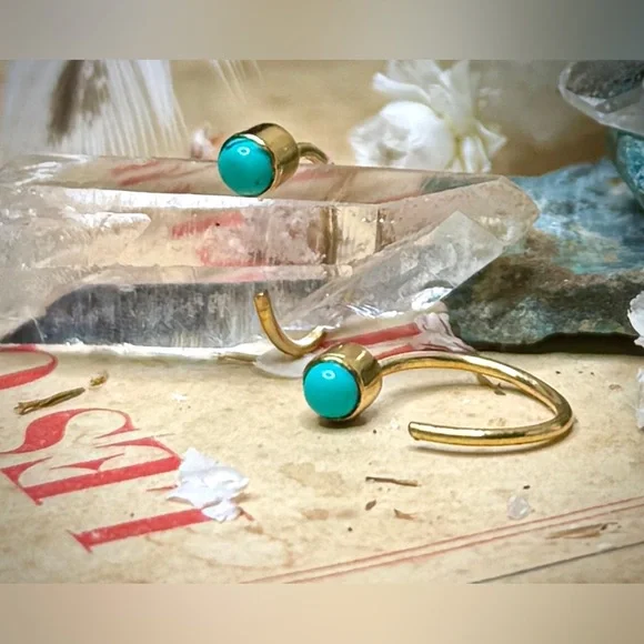 18k Gold Plated Sterling Silver Dry Creek Turquoise Huggie Hoop No Back Earrings - Picture 4 of 11